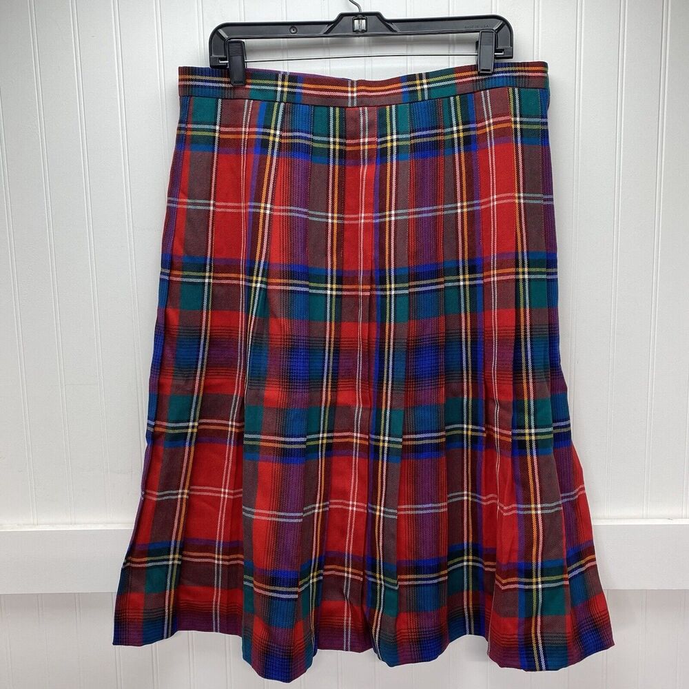 Red Plaid Pleated Midi Skirt Vintage Talbots 100% Wool Womens 20 (34"Waist) USA